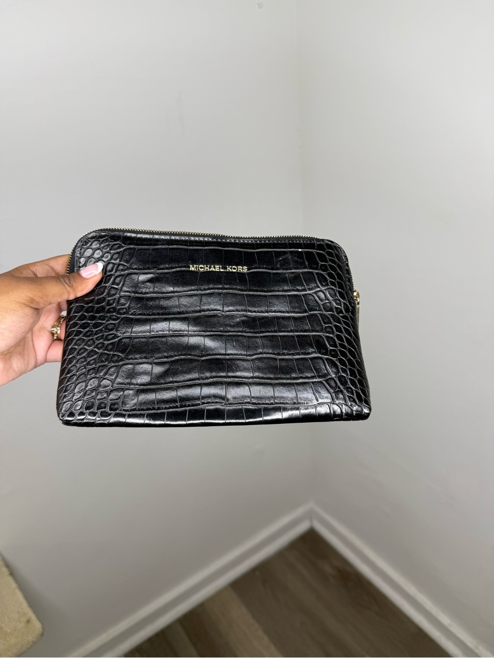 Michael Kors Black Croc-Embossed Leather Zip Pouch